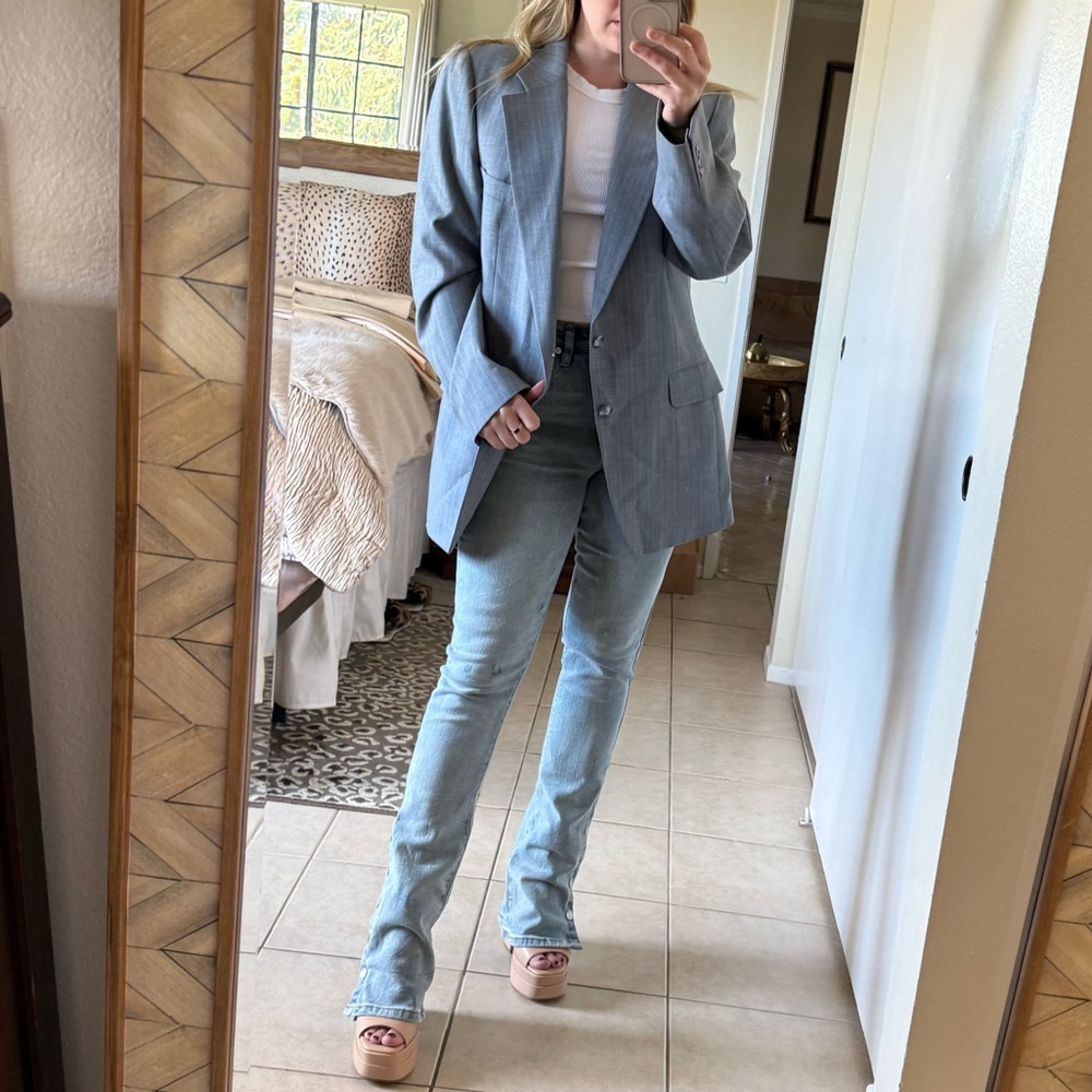 VINTAGE Yves Saint Laurent Light Blue + Tan Plaid Blazer + Removable Fur Collar - Picture 5 of 13